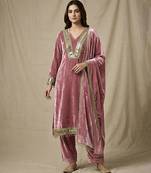 Old rose pink velvet mirror embellished kurta set