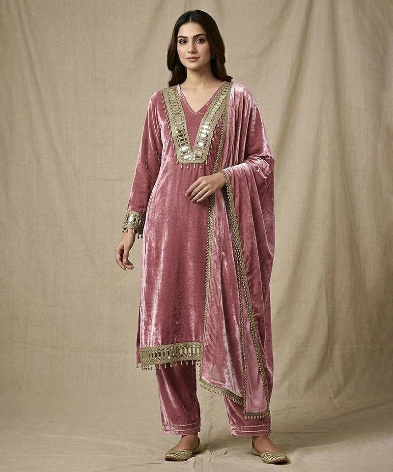 Old rose pink velvet mirror embellished kurta set