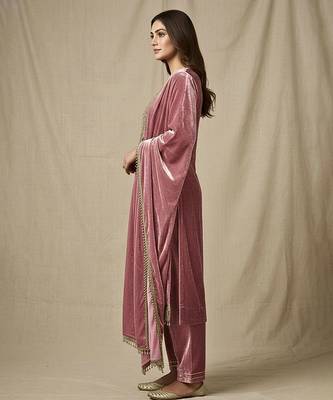 Old rose pink velvet mirror embellished kurta set 2