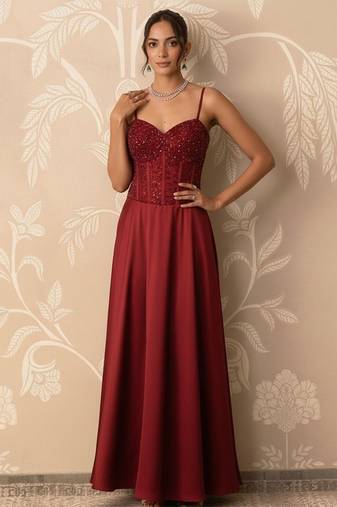 Crimson red structured corset and satin gown