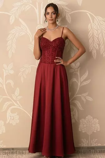 Crimson red structured corset and satin gown