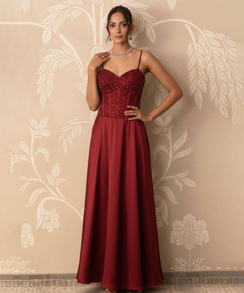 Crimson red structured corset and satin gown