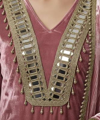Old rose pink velvet mirror embellished kurta set 3