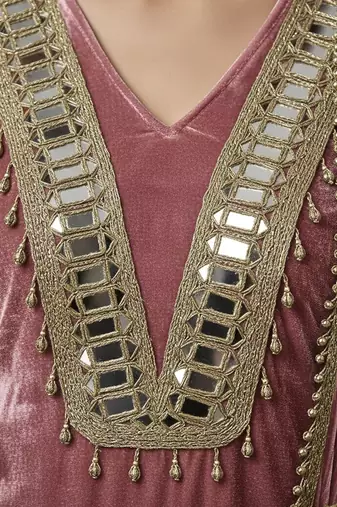 Old rose pink velvet mirror embellished kurta set