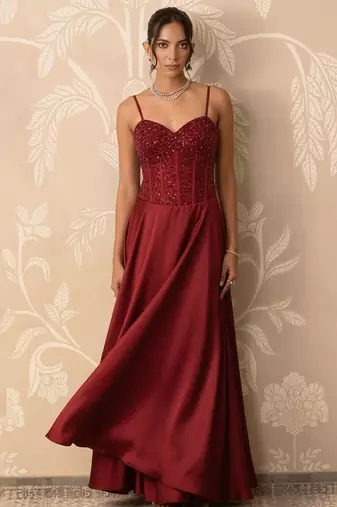 Crimson red structured corset and satin gown