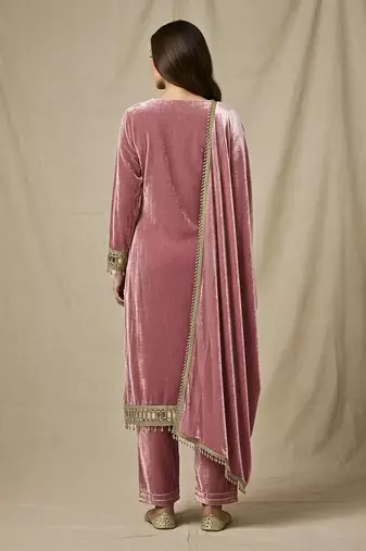 Old rose pink velvet mirror embellished kurta set