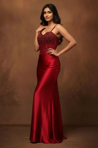 Crimson red structured corset and satin gown