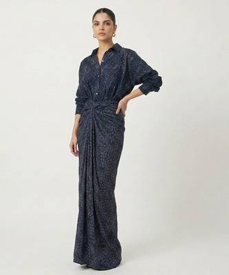 Navy blue sequin embellished crepe shirt and skirt set 1