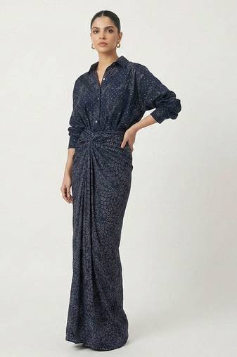 Navy blue sequin embellished crepe shirt and skirt set