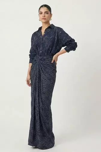 Navy blue sequin embellished crepe shirt and skirt set
