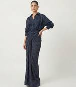 Navy blue sequin embellished crepe shirt and skirt set