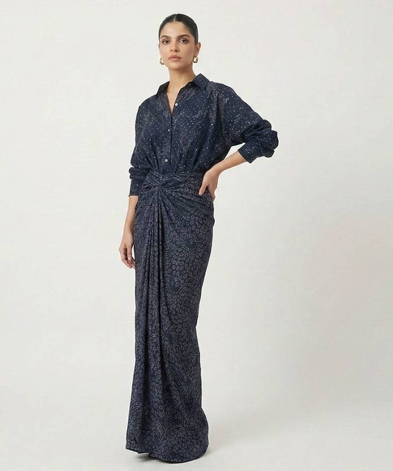 Navy blue sequin embellished crepe shirt and skirt set