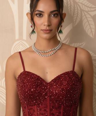 Crimson red structured corset and satin gown 4