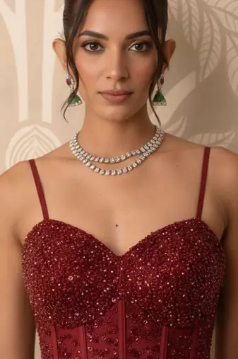 Crimson red structured corset and satin gown