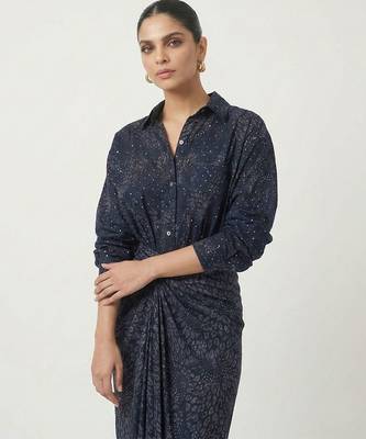 Navy blue sequin embellished crepe shirt and skirt set 2