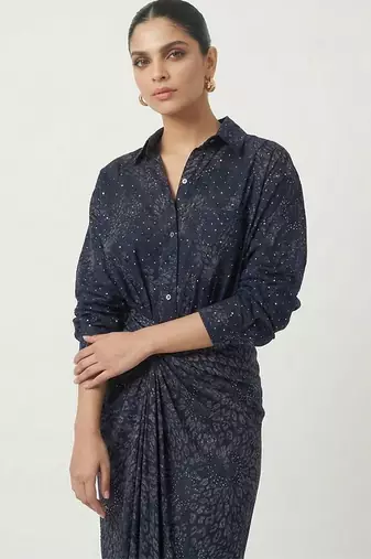 Navy blue sequin embellished crepe shirt and skirt set