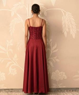 Crimson red structured corset and satin gown 5