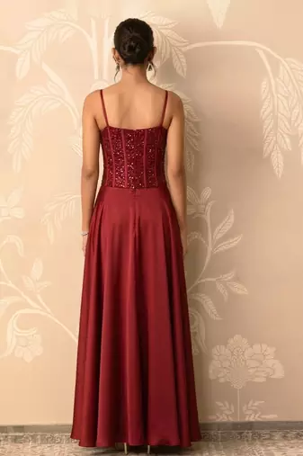 Crimson red structured corset and satin gown
