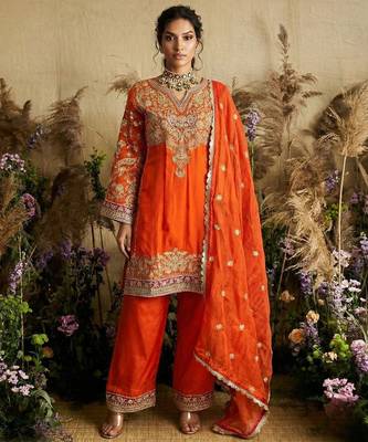 Tangerine orange embroidered chanderi silk kurta set 1
