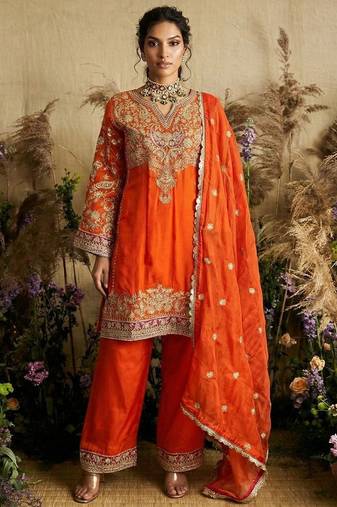 Tangerine orange embroidered chanderi silk kurta set