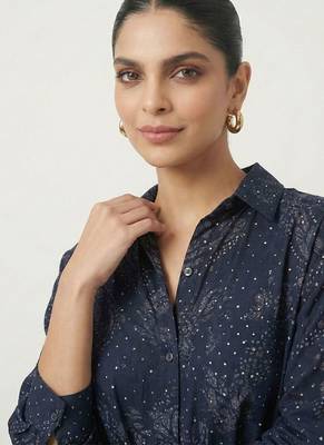 Navy blue sequin embellished crepe shirt and skirt set 3
