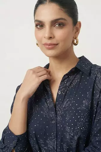 Navy blue sequin embellished crepe shirt and skirt set