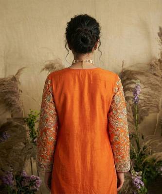 Tangerine orange embroidered chanderi silk kurta set 2