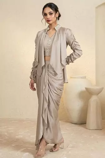 Golden chanderi satin silk drape skirt set