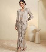 Golden chanderi satin silk drape skirt set