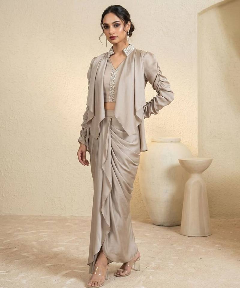 Golden chanderi satin silk drape skirt set