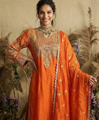 Tangerine orange embroidered chanderi silk kurta set 3