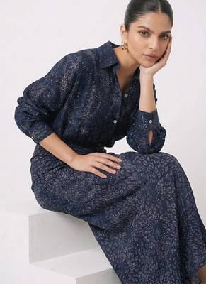 Navy blue sequin embellished crepe shirt and skirt set 5