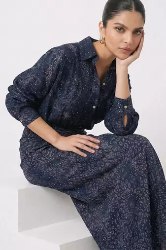 Navy blue sequin embellished crepe shirt and skirt set