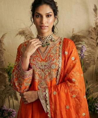 Tangerine orange embroidered chanderi silk kurta set 4