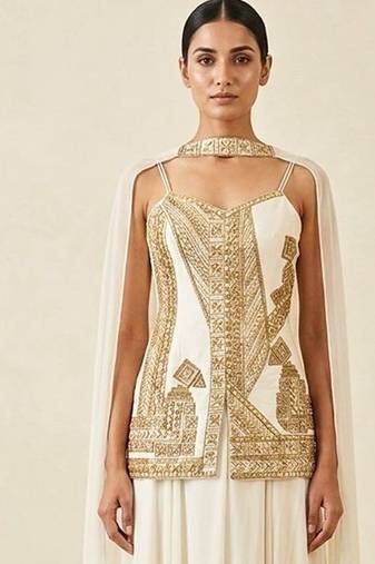 Ivory hand embroidered raw silk kurta sharara set with dupatta
