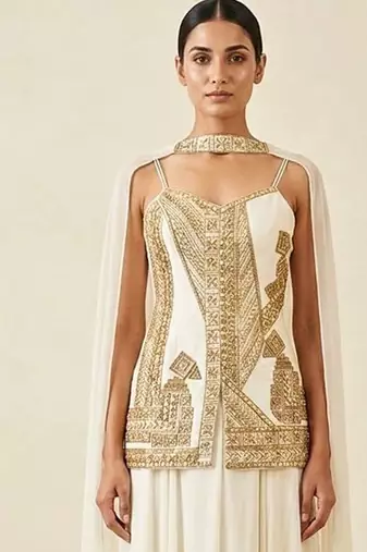 Ivory hand embroidered raw silk kurta sharara set with dupatta