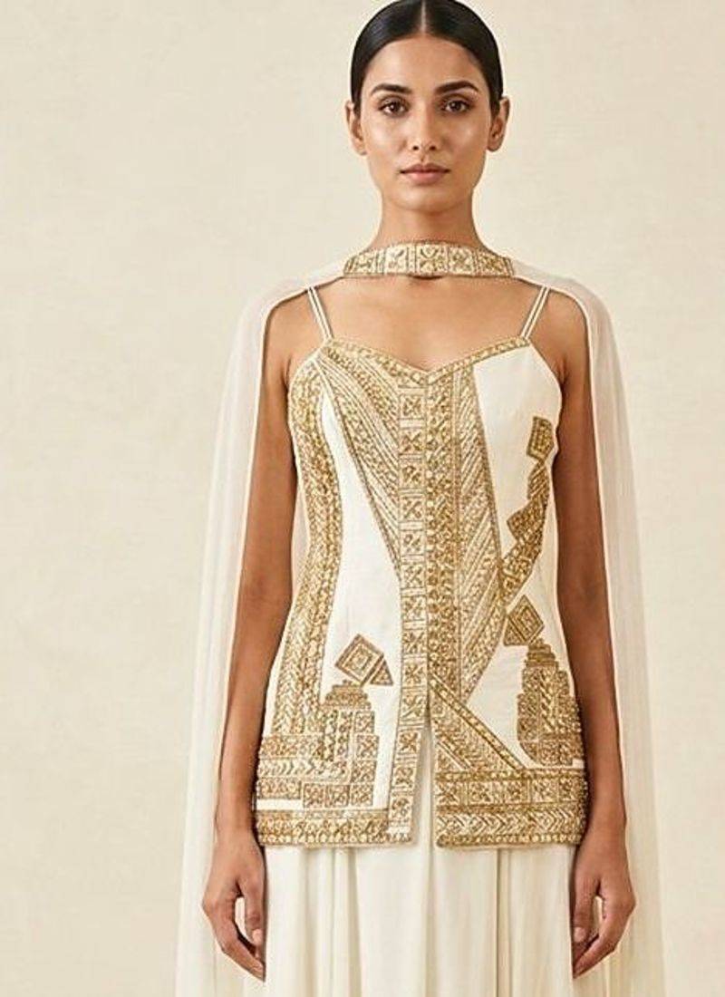Ivory hand embroidered raw silk kurta sharara set with dupatta