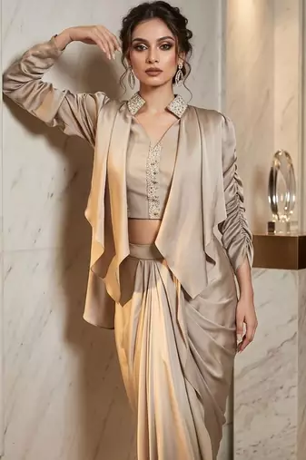 Golden chanderi satin silk drape skirt set