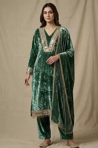 Emerald green mirror embellished velvet kurta set