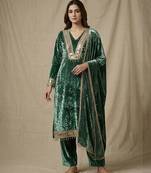 Emerald green mirror embellished velvet kurta set