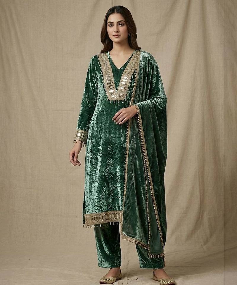 Emerald green mirror embellished velvet kurta set