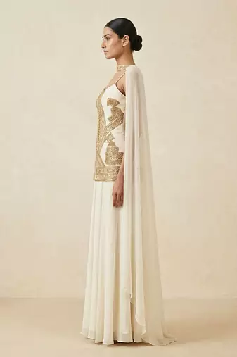 Ivory hand embroidered raw silk kurta sharara set with dupatta