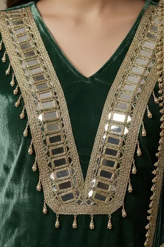 Emerald green mirror embellished velvet kurta set