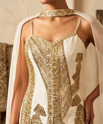Ivory hand embroidered raw silk kurta sharara set with dupatta 3