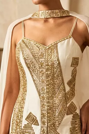 Ivory hand embroidered raw silk kurta sharara set with dupatta