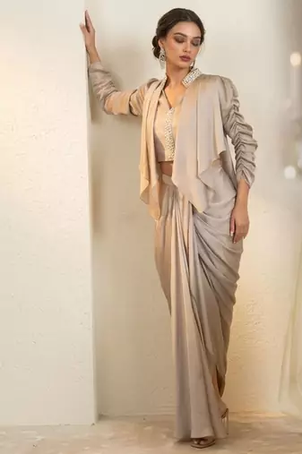 Golden chanderi satin silk drape skirt set