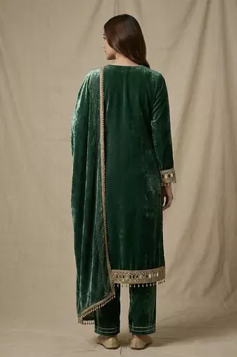 Emerald green mirror embellished velvet kurta set