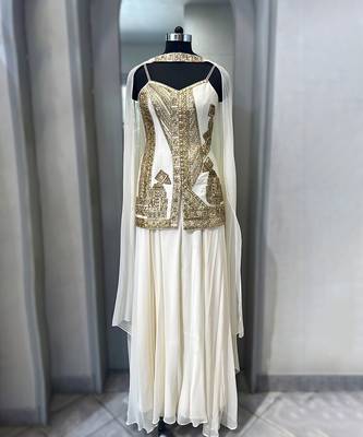 Ivory hand embroidered raw silk kurta sharara set with dupatta 5
