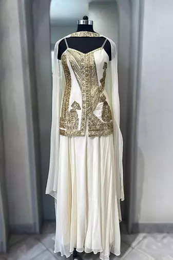Ivory hand embroidered raw silk kurta sharara set with dupatta