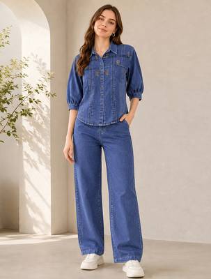 Blue denim embroidery work stylish mandarin collar co-ord set shirt & wide leg pants 1